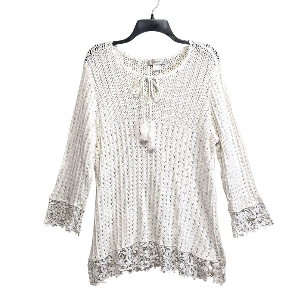 CJ Banks Crocheted Top Womens Size 1X White Long Sleeve Tassel Tie Neck Lace